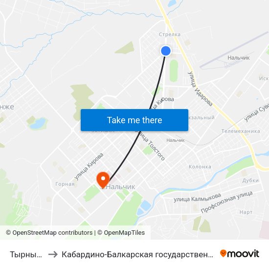 Тырныаузская Улица to Кабардино-Балкарская государственная сельскохозяйственная академия имени В.М. Кокова. map