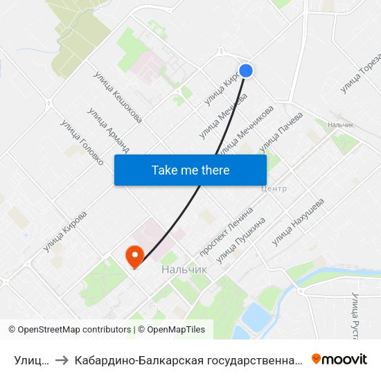 Улица Ахохова to Кабардино-Балкарская государственная сельскохозяйственная академия имени В.М. Кокова. map