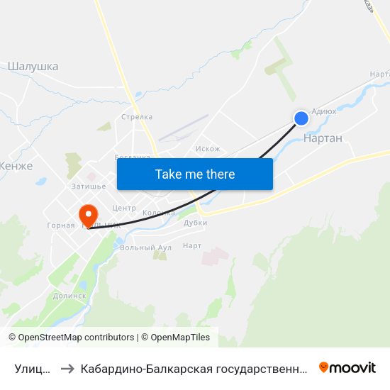 Улица Бадыноко to Кабардино-Балкарская государственная сельскохозяйственная академия имени В.М. Кокова. map
