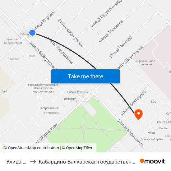 Улица Байсултанова to Кабардино-Балкарская государственная сельскохозяйственная академия имени В.М. Кокова. map