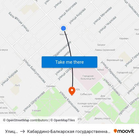 Улица Головко to Кабардино-Балкарская государственная сельскохозяйственная академия имени В.М. Кокова. map