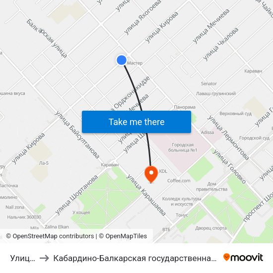 Улица Головко to Кабардино-Балкарская государственная сельскохозяйственная академия имени В.М. Кокова. map