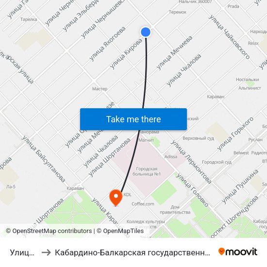 Улица Кешокова to Кабардино-Балкарская государственная сельскохозяйственная академия имени В.М. Кокова. map