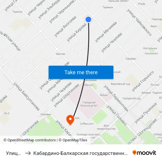 Улица Кешокова to Кабардино-Балкарская государственная сельскохозяйственная академия имени В.М. Кокова. map