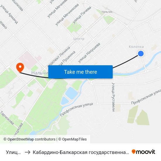 Улица Королёва to Кабардино-Балкарская государственная сельскохозяйственная академия имени В.М. Кокова. map