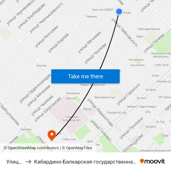 Улица Мечиева to Кабардино-Балкарская государственная сельскохозяйственная академия имени В.М. Кокова. map