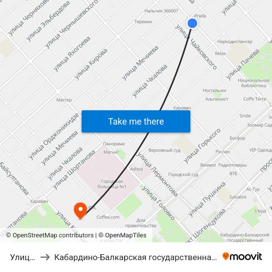 Улица Мечиева to Кабардино-Балкарская государственная сельскохозяйственная академия имени В.М. Кокова. map