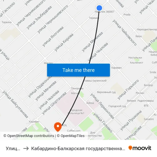 Улица Ногмова to Кабардино-Балкарская государственная сельскохозяйственная академия имени В.М. Кокова. map