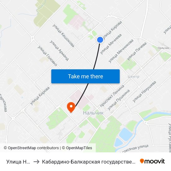 Улица Ногмова / Кирова to Кабардино-Балкарская государственная сельскохозяйственная академия имени В.М. Кокова. map