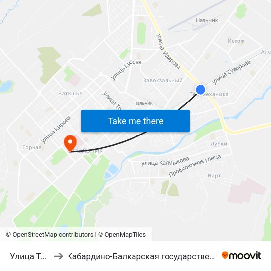 Улица Темрюка Идарова to Кабардино-Балкарская государственная сельскохозяйственная академия имени В.М. Кокова. map