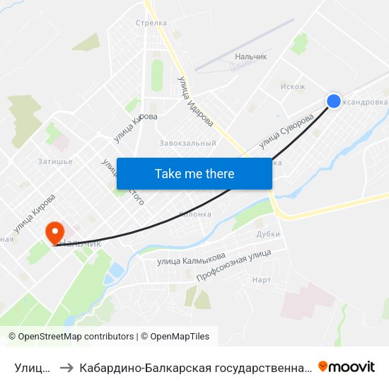 Улица Фанзиева to Кабардино-Балкарская государственная сельскохозяйственная академия имени В.М. Кокова. map