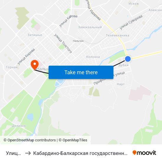 Улица Шогенова to Кабардино-Балкарская государственная сельскохозяйственная академия имени В.М. Кокова. map