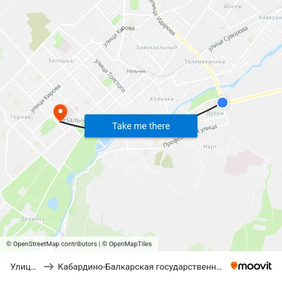Улица Шогенова to Кабардино-Балкарская государственная сельскохозяйственная академия имени В.М. Кокова. map