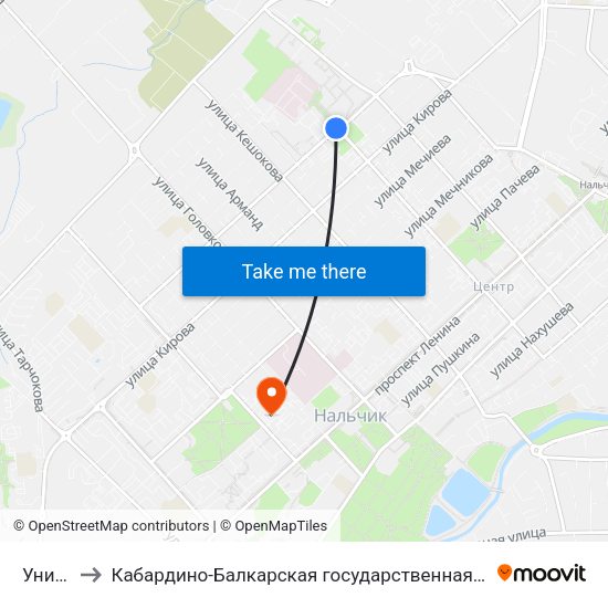 Университет to Кабардино-Балкарская государственная сельскохозяйственная академия имени В.М. Кокова. map