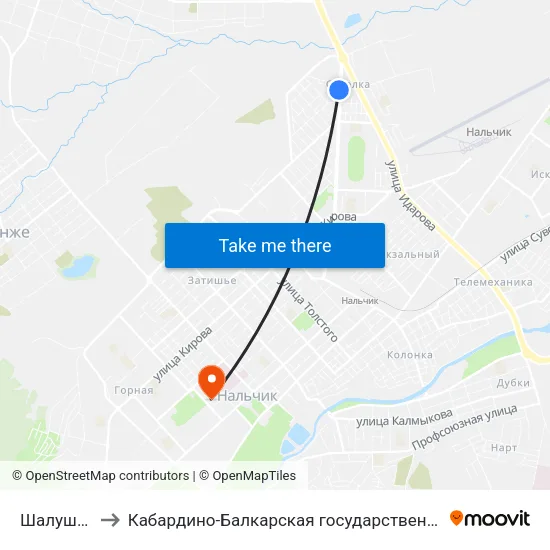 Шалушкинская Улица to Кабардино-Балкарская государственная сельскохозяйственная академия имени В.М. Кокова. map