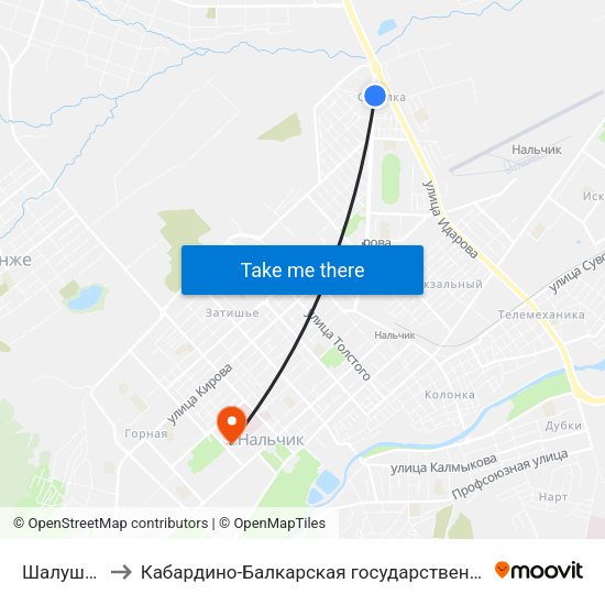 Шалушкинская Улица to Кабардино-Балкарская государственная сельскохозяйственная академия имени В.М. Кокова. map
