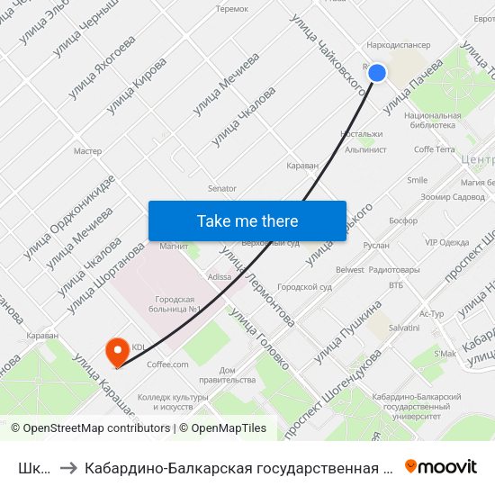 Школа №5 to Кабардино-Балкарская государственная сельскохозяйственная академия имени В.М. Кокова. map