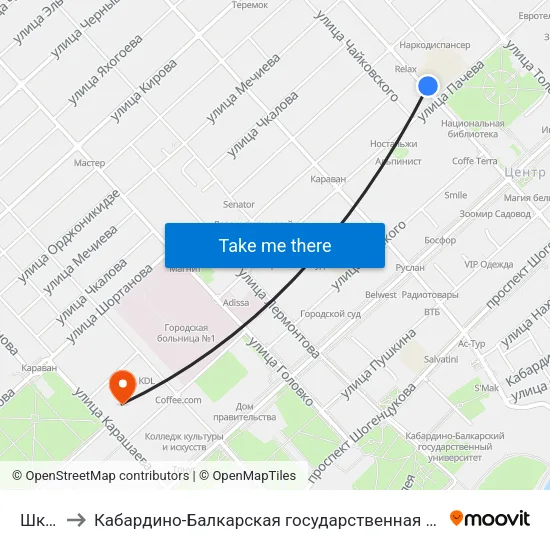 Школа №5 to Кабардино-Балкарская государственная сельскохозяйственная академия имени В.М. Кокова. map