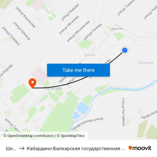 Школа №6 to Кабардино-Балкарская государственная сельскохозяйственная академия имени В.М. Кокова. map