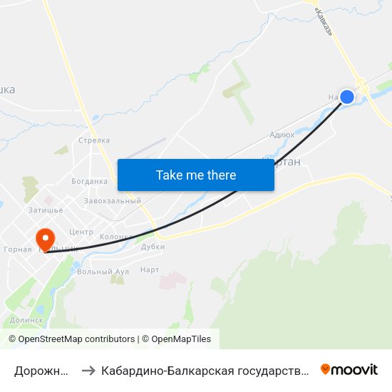 Дорожный Разъезд Нартан to Кабардино-Балкарская государственная сельскохозяйственная академия имени В.М. Кокова. map