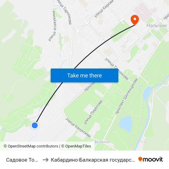 Садовое Товарищество Институтское to Кабардино-Балкарская государственная сельскохозяйственная академия имени В.М. Кокова. map
