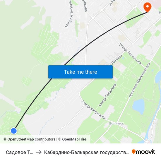 Садовое Товарищество Радуга to Кабардино-Балкарская государственная сельскохозяйственная академия имени В.М. Кокова. map