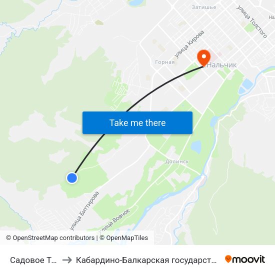 Садовое Товарищество Родник to Кабардино-Балкарская государственная сельскохозяйственная академия имени В.М. Кокова. map