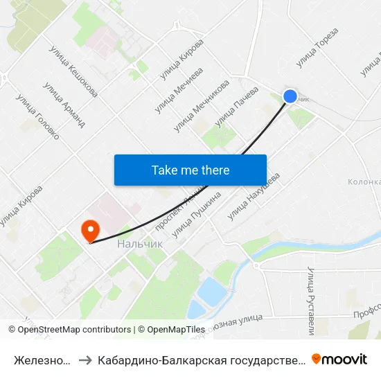 Железнодорожный Вокзал to Кабардино-Балкарская государственная сельскохозяйственная академия имени В.М. Кокова. map