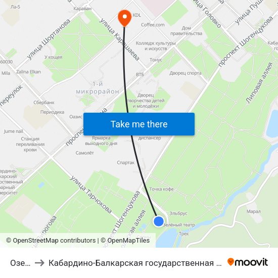 Озеро Трек to Кабардино-Балкарская государственная сельскохозяйственная академия имени В.М. Кокова. map