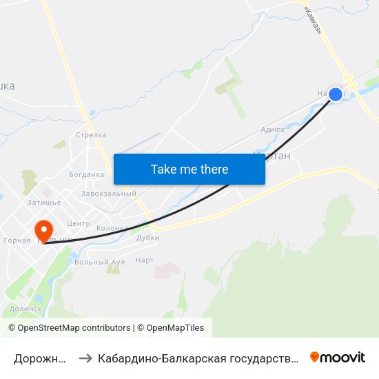 Дорожный Разъезд Нартан to Кабардино-Балкарская государственная сельскохозяйственная академия имени В.М. Кокова. map
