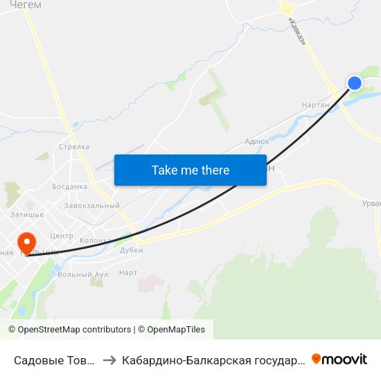 Садовые Товарищества Дружба И Алмалы to Кабардино-Балкарская государственная сельскохозяйственная академия имени В.М. Кокова. map