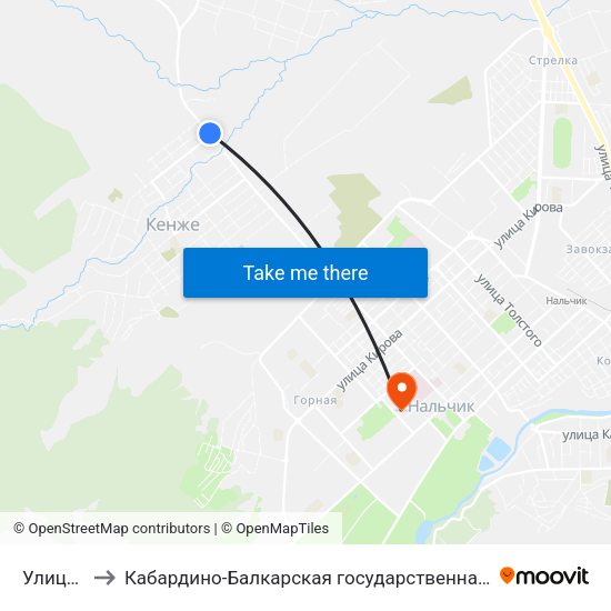 Улица Ахметова to Кабардино-Балкарская государственная сельскохозяйственная академия имени В.М. Кокова. map