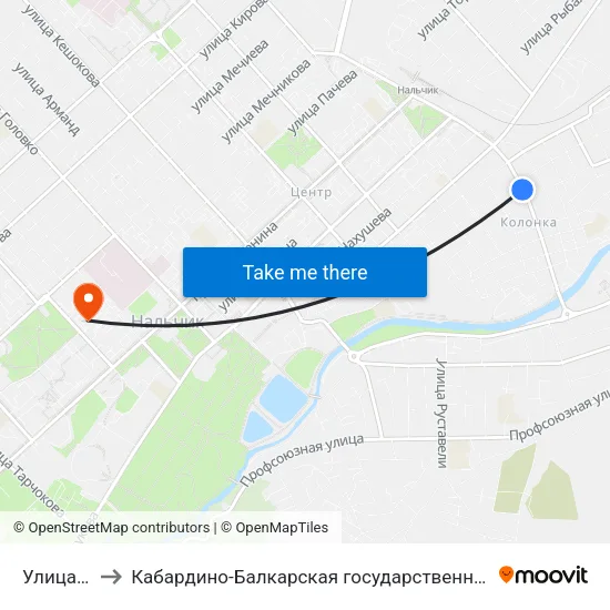 Улица Вологирова to Кабардино-Балкарская государственная сельскохозяйственная академия имени В.М. Кокова. map