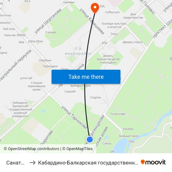 Санаторий Нальчик to Кабардино-Балкарская государственная сельскохозяйственная академия имени В.М. Кокова. map