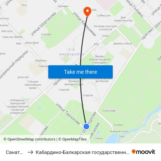 Санаторий Нальчик to Кабардино-Балкарская государственная сельскохозяйственная академия имени В.М. Кокова. map