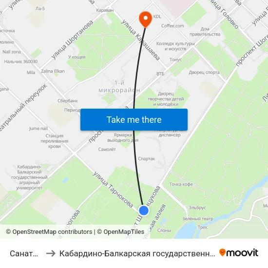 Санаторий Нальчик to Кабардино-Балкарская государственная сельскохозяйственная академия имени В.М. Кокова. map