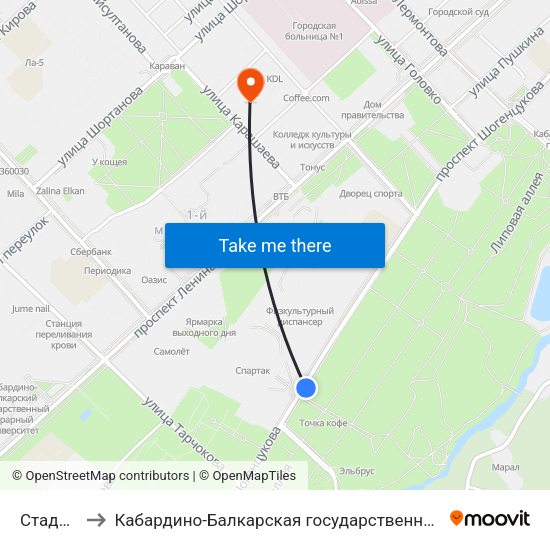 Стадион Спартак to Кабардино-Балкарская государственная сельскохозяйственная академия имени В.М. Кокова. map