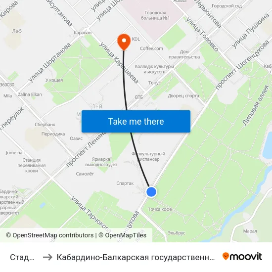 Стадион Спартак to Кабардино-Балкарская государственная сельскохозяйственная академия имени В.М. Кокова. map