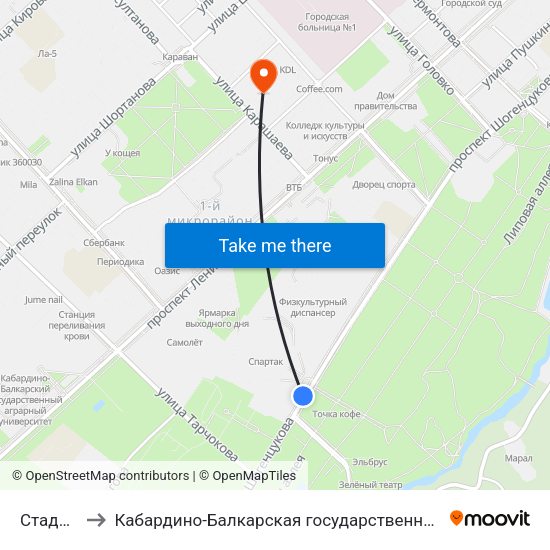 Стадион Спартак to Кабардино-Балкарская государственная сельскохозяйственная академия имени В.М. Кокова. map