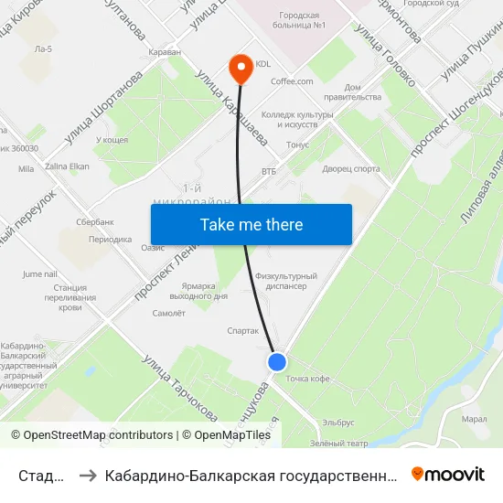 Стадион Спартак to Кабардино-Балкарская государственная сельскохозяйственная академия имени В.М. Кокова. map