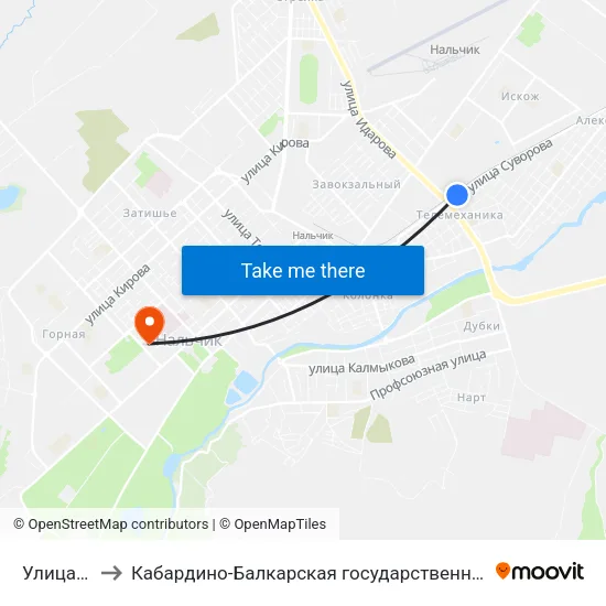 Улица Тимирязева to Кабардино-Балкарская государственная сельскохозяйственная академия имени В.М. Кокова. map