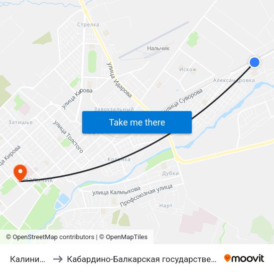 Калининградская Улица to Кабардино-Балкарская государственная сельскохозяйственная академия имени В.М. Кокова. map