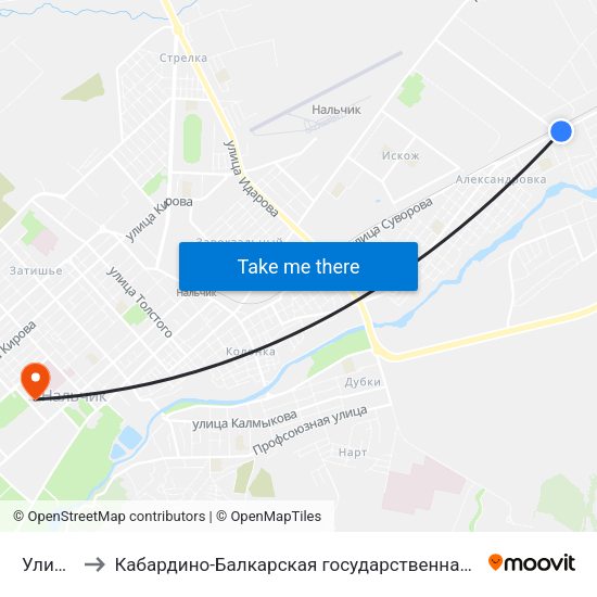 Улица Мусова to Кабардино-Балкарская государственная сельскохозяйственная академия имени В.М. Кокова. map
