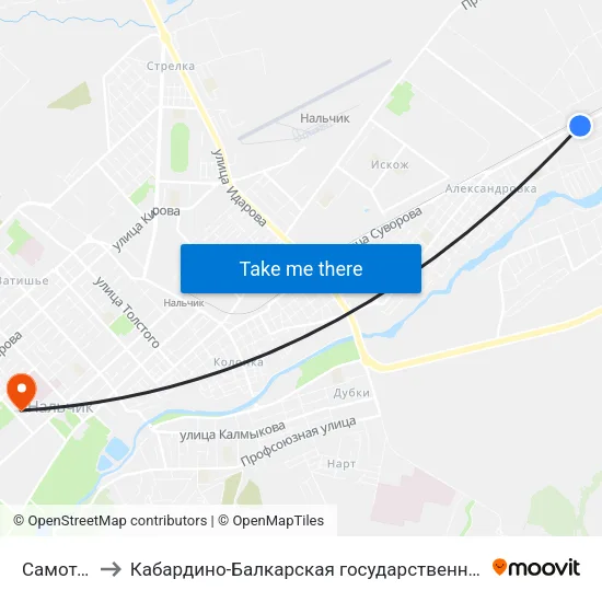 Самотёчная Улица to Кабардино-Балкарская государственная сельскохозяйственная академия имени В.М. Кокова. map