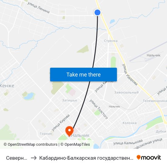 Северный Автовокзал to Кабардино-Балкарская государственная сельскохозяйственная академия имени В.М. Кокова. map