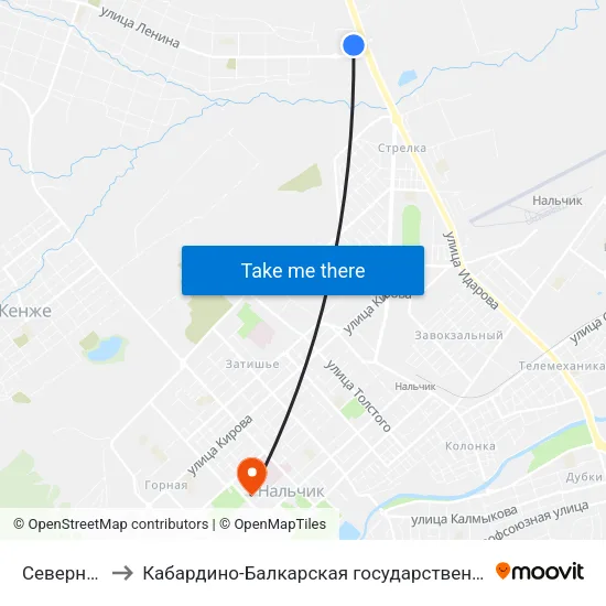 Северный Автовокзал to Кабардино-Балкарская государственная сельскохозяйственная академия имени В.М. Кокова. map