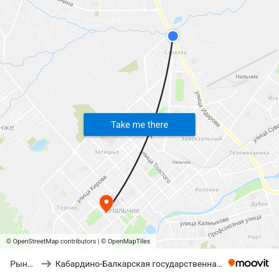 Рынок Стрелка to Кабардино-Балкарская государственная сельскохозяйственная академия имени В.М. Кокова. map