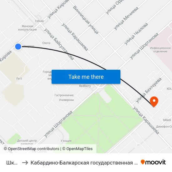 Школа №19 to Кабардино-Балкарская государственная сельскохозяйственная академия имени В.М. Кокова. map