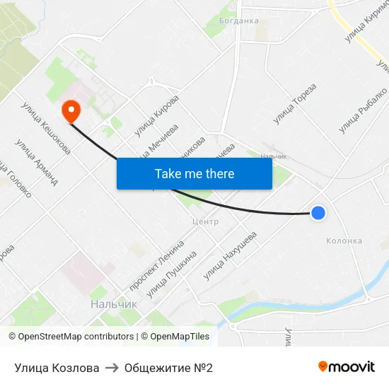 Улица Козлова to Общежитие №2 map