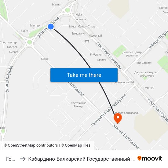 Горная to Кабардино-Балкарский Государственный Аграрный Университет map